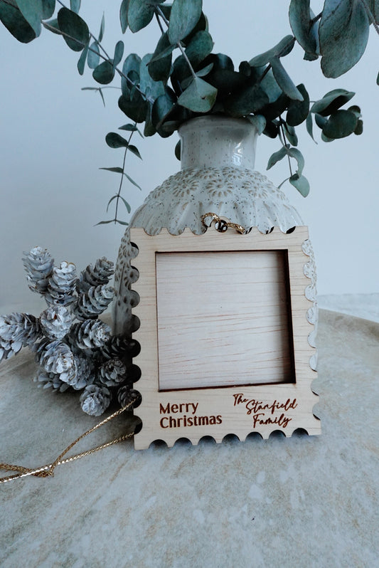 Postage stamp photo frame ornament