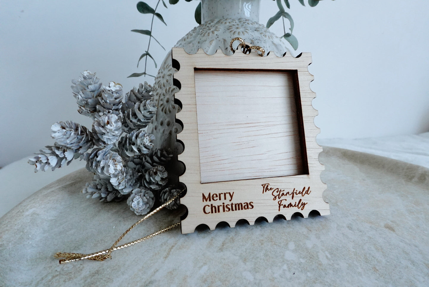 Postage stamp photo frame ornament