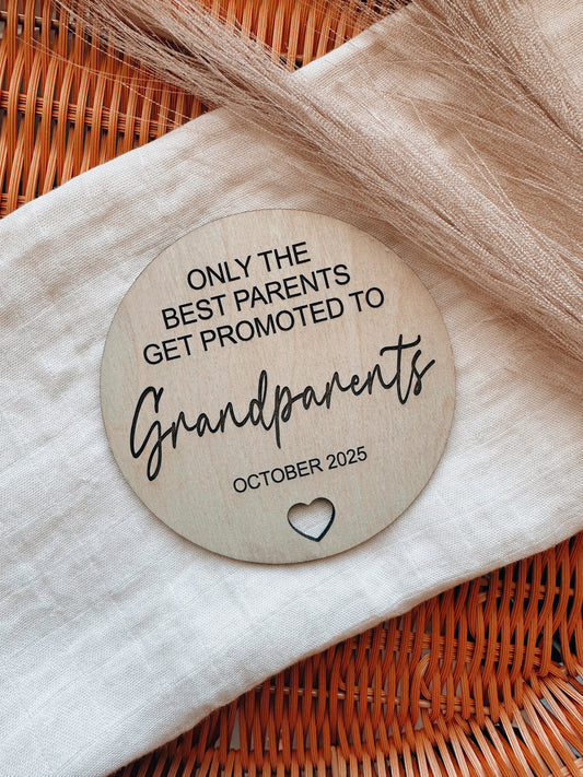 Promoted to Grandparents, pregnancy reveal plaque